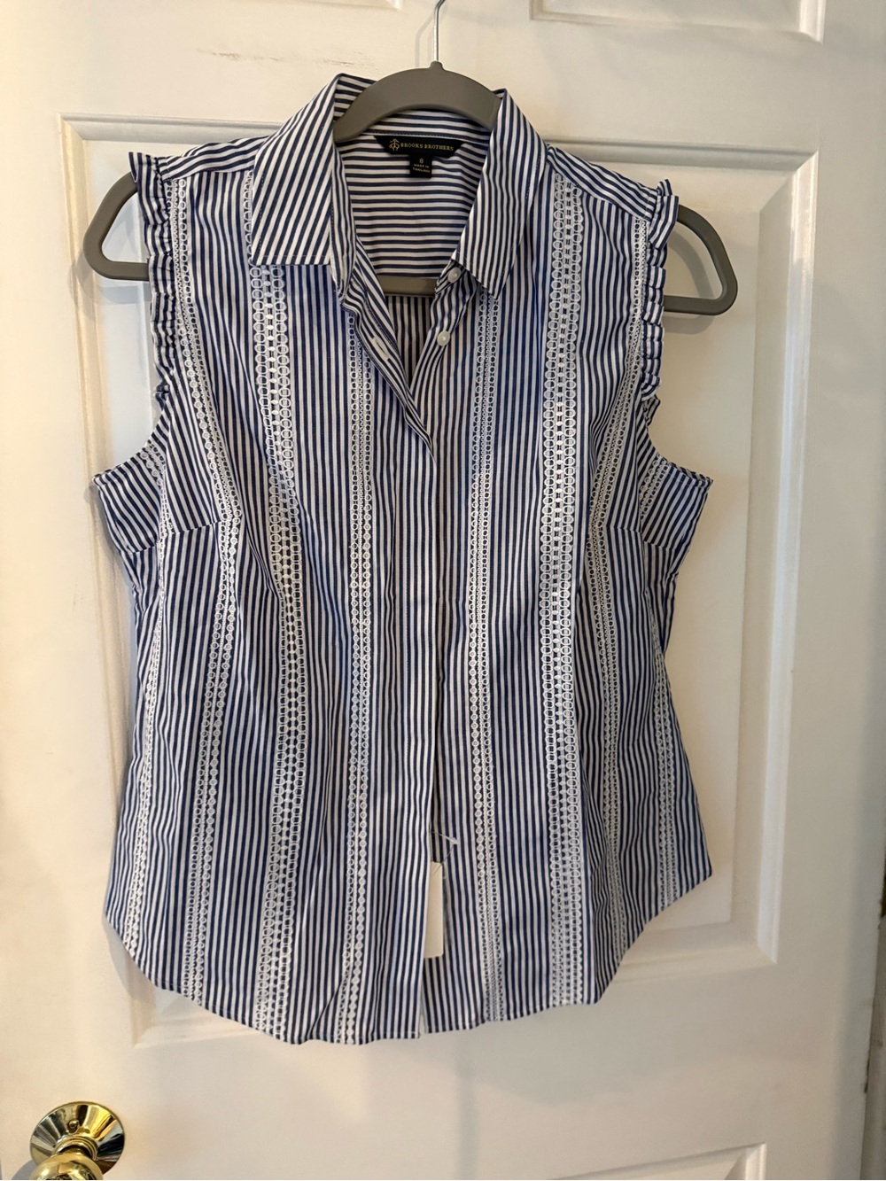 Brooks Brothers Blue and White Striped Lace-Trim Sleeveless Button-Down